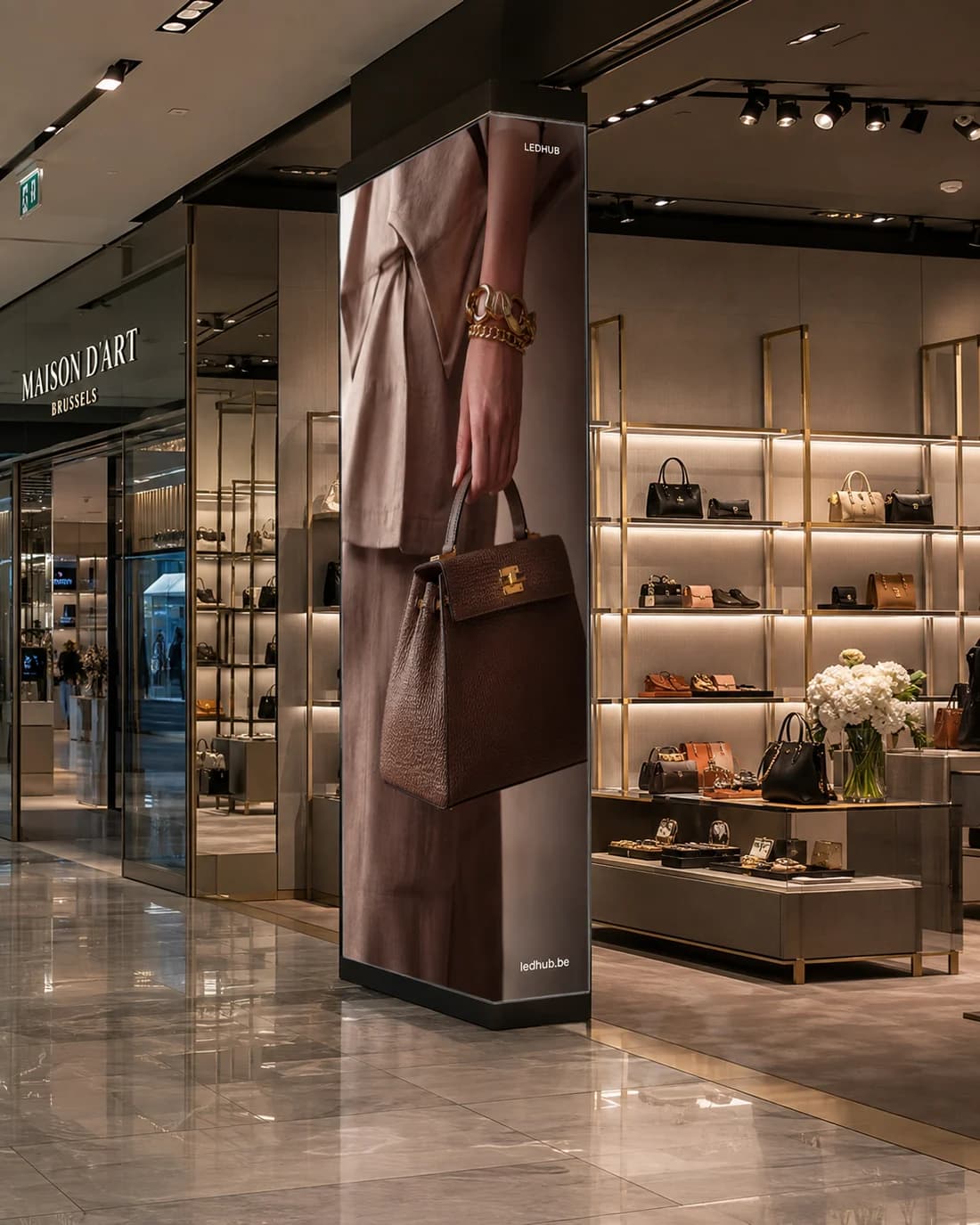 Écran LED habillant une colonne en boutique, affichant un sac en cuir.