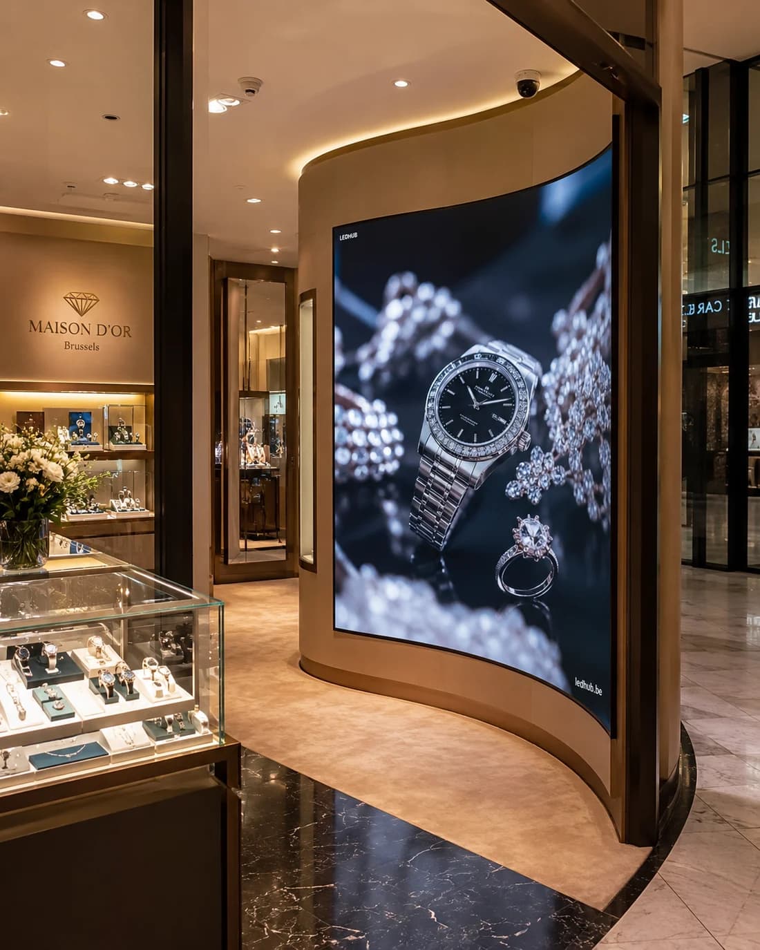 Écran LED vertical occupant le mur d'une bijouterie, affichant une montre et des diamants.