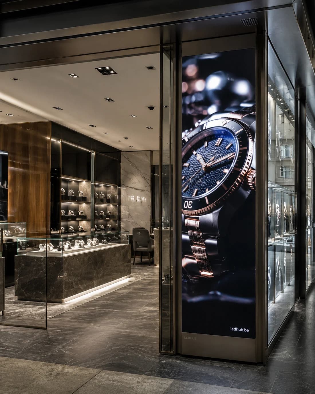 Écran LED du sol au plafond à l'entrée d'une horlogerie, affichant une montre en gros plan.